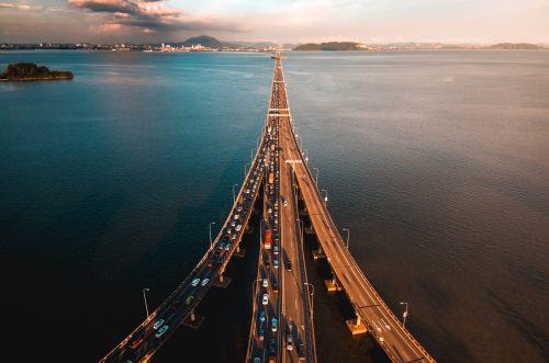 Aerial view of Penang Bridge at sunset
